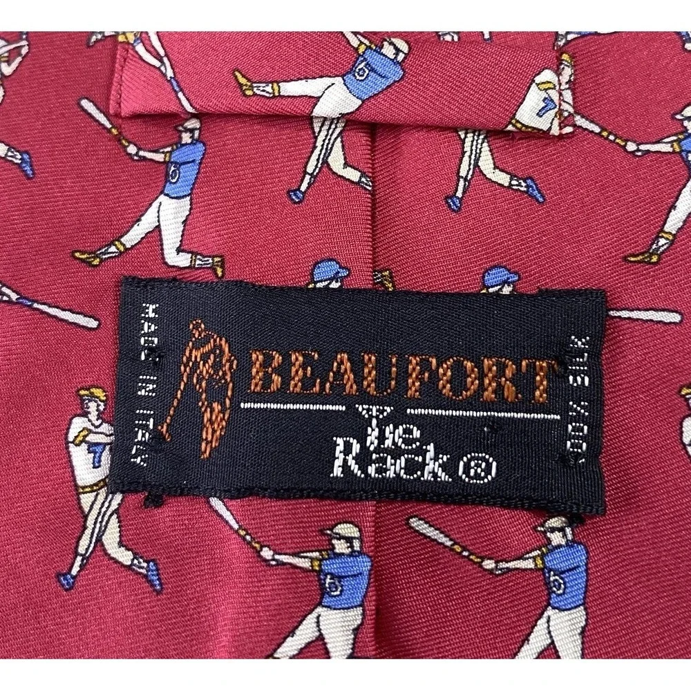 BEAUFORT Tie Rack Men's 100%‎ Silk Designer Necktie Baseball Player Red 56x3.5